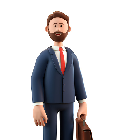 Close up portrait of smiling happy businessman in suit with suitcase. 3D illustration of cartoon standing bearded man, isolated on white background.