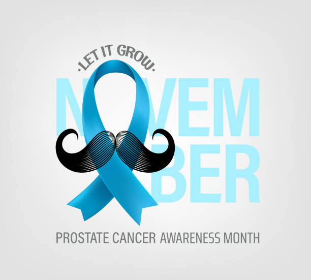 ilustrações, clipart, desenhos animados e ícones de conceito do mês de conscientização do câncer de próstata com fita de seda azul claro e bigode - novembro azul