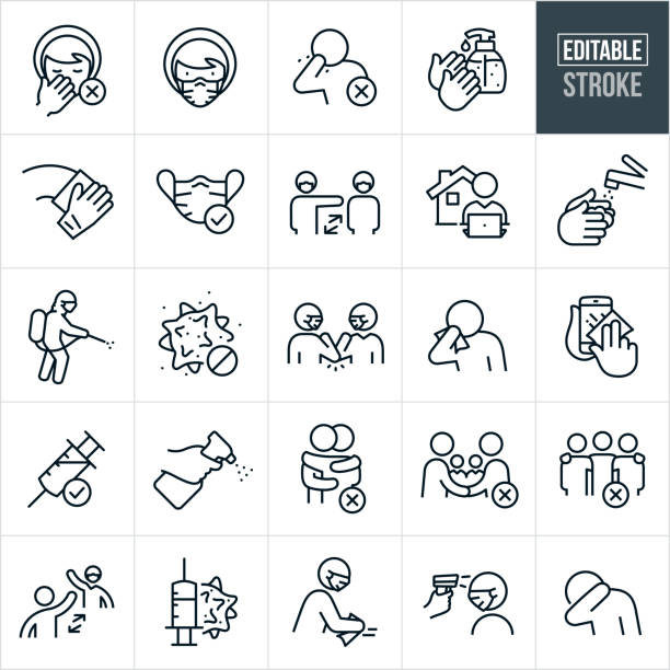 Virus Prevention Thin Line Icons - Editable Stroke A set of virus prevention icons that include editable strokes or outlines using the EPS vector file. The icons specifically relate to the prevention of the virus Covid-19. The icons include a woman touching her face with a "do not touch" symbol, woman wearing a face mask, person sneezing with a "do not sneeze into hand" symbol, hands using hand sanitizer, gloved hand wiping a surface, face mask with a check mark, two people wearing masks and social distancing, person working remotely from home, hands washing with soap, person decontaminating using a tank sprayer while wearing hazmat equipment, two people wearing masks doing an elbow bump, person sneezing or coughing into tissue, sanitizing mobile phone, virus vaccine, two people hugging with a "no" symbol, two people shaking hands with a "no" symbol, three people with arms around shoulders with a "no" symbol, person disenfecting a surface while wearing a face mask, person getting temperature checked using an infrared thermometer and a person sneezing into his elbow. forehead-thermometer stock illustrations