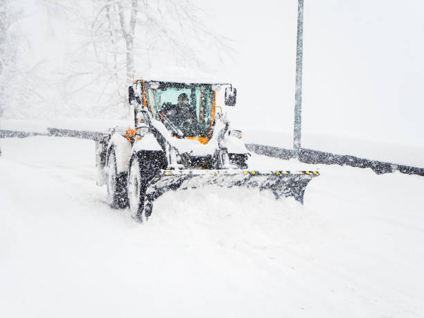 istock Tractor clears snow from the road during heavy snowfall and cloudiness 1281872575