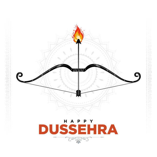 Illustration of Happy Dussehra Hindu Festival of India. Vector Illustration of bow and arrow with fire flame in Happy Dussehra Hindu festival of India. Greeting Card Design. dussehra stock illustrations
