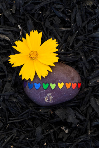 istock Hand painted rock with hearts in rainbow colors 1281874485