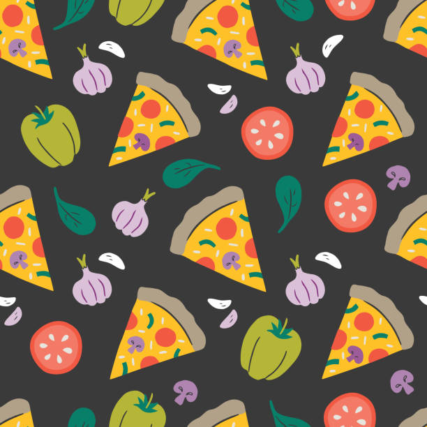 ручной вектор бесшовный повторяющийся узор пиццы и свежих начинок - seamless restaurant vegetable tomato stock illustrations