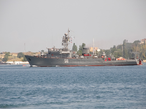 Kanagawa Prefecture, Japan - May 03, 2022:Japan Maritime Self-Defense Force JS Mogami (FFM-1), Mogami-class frigate entering Yokosuka Port in Japan.