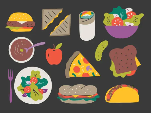 Vector illustration of Illustration of fresh lunch entrees — hand-drawn vector elements