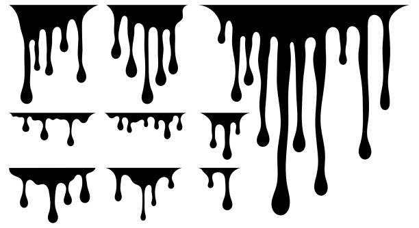 Black dripping oil stain, liquid drips or paint ink silhouette isolated spooky scary halloween vector set Black dripping oil stain, liquid drips or paint ink silhouette isolated spooky scary halloween vector set blood pouring stock illustrations