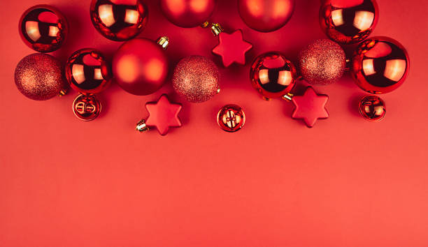 istock Christmas background from New Year red balls on a red background. Christmas background. Flat lay, top view. Copy space. 1281878532