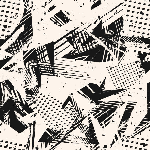 Abstract monochrome grunge seamless pattern. Black and white graffiti texture Abstract monochrome grunge seamless pattern. Urban art texture with paint splashes, chaotic shapes, lines, dots, triangles, patches. Black and white graffiti style vector background. Repeat design graffiti background stock illustrations