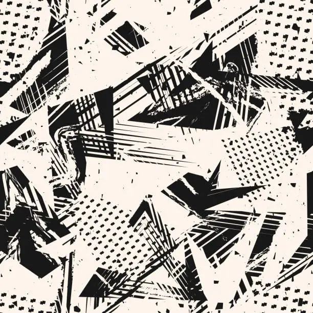 Vector illustration of Abstract monochrome grunge seamless pattern. Black and white graffiti texture