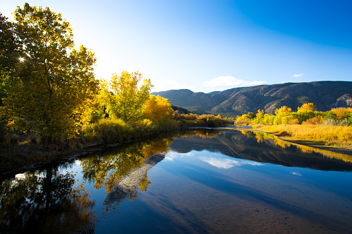 Taos: Sunlit Rio Grande River and cottonwoods in autumn. Shot in Pilar south of Taos. Copy space in the blue sky.\n\n\n\nCopy space available.