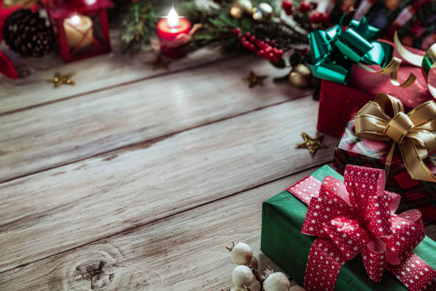 Christmas lights and decoration with presents making a frame with copy space. Christmas themes.