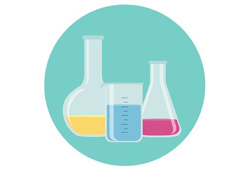 Composition with precision laboratory glasses in flat design - erlenmeyer flask, beaker
