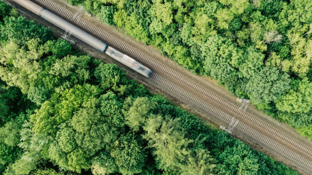 istock Aerial view of a passenger train driving through a forest. 1281882750