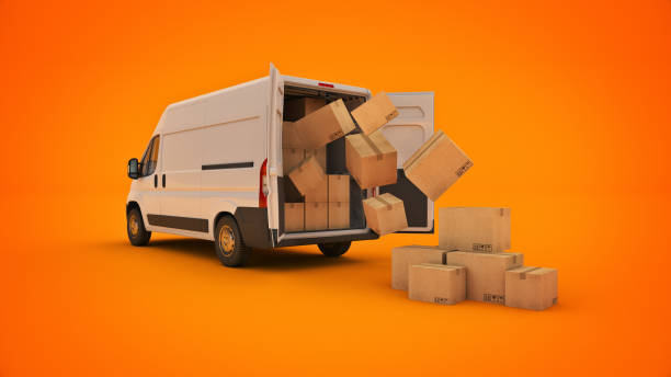 istock commercial delivery vans with cardboard boxes. 3d rendering 1281884522
