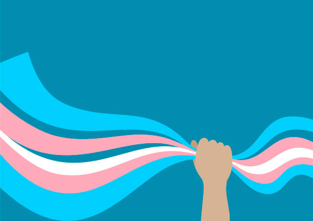 Hand holding waving ribbons in the colors of the transgender flag Illustration of a hand holding waving ribbons in the colors of the transgender flag with a copy-space. lgbtqcollection stock illustrations