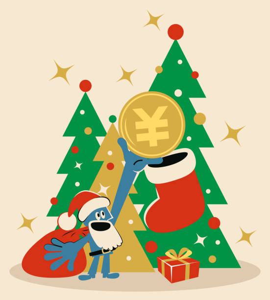 ilustrações, clipart, desenhos animados e ícones de o papai noel sorridente está colocando yuan ou yen sign coin (moeda chinesa, taiwanesa ou japonesa) na meia de natal; feliz natal e saudação de ano novo - coin china japanese currency finance