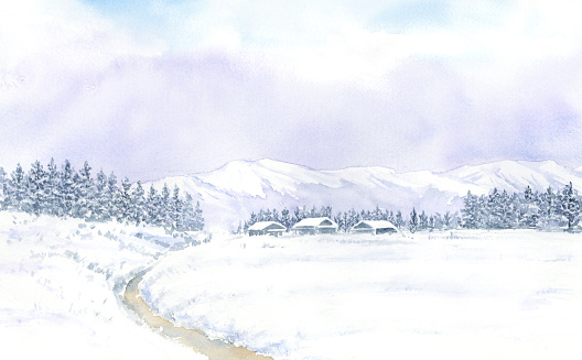Watercolor illustration of snow landscape.