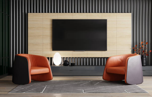 8k tv sala de estar minimalista moderna con tv plana - high definition television fotografías e imágenes de stock