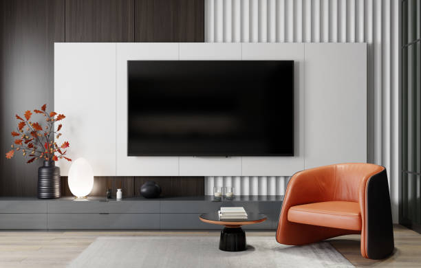 8k tv zimmer modernes minimalistisches wohnzimmer mit flachbildfernseher - entspannung grafiken stock-fotos und bilder