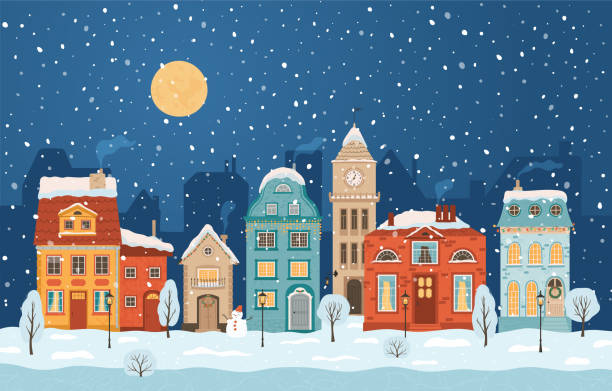 ilustraciones, imágenes clip art, dibujos animados e iconos de stock de ciudad de la noche de invierno en estilo retro. fondo navideño con casas, luna, muñeco de nieve. acogedor pueblo en un estilo plano. ilustración vectorial de dibujos animados. - snowman snow winter fun