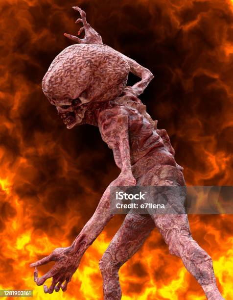 Fantsy Demon Burns In A Hellfire 3d Illustration Stock Photo - Download Image Now - Alien, Animal, Bizarre
