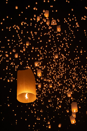 Tourist Floating Sky Lanterns In Loy Krathong Festival Chiang Mai Thailand  Stock Photo - Download Image Now - iStock