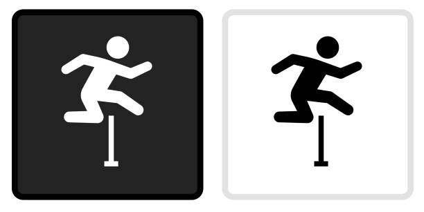 hürden-symbol auf schwarzem knopf mit weißem rollover - hürdenlauf stock-grafiken, -clipart, -cartoons und -symbole