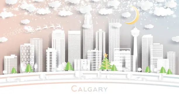 Vector illustration of Calgary Canada City Skyline in Paper Cut Style with Snowflakes, Moon and Neon Garland.