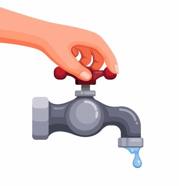 ilustrações, clipart, desenhos animados e ícones de mão perto guindaste para salvar água e conceito ecológico em desenho animado ilustrar vetor sobre fundo branco - valve water pipe leaking faucet