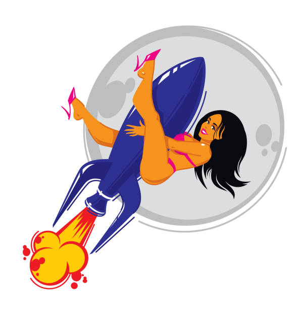 illustrations, cliparts, dessins animés et icônes de illustration d’une fille sur une fusée bleue. vecteur. affiche rétro de pin-up d’une femme sur une bombe, sur un fond de la lune. décrivez le style plat. illustration pour site web ou impression. femelle fatale. - comic book bomb cartoon blue