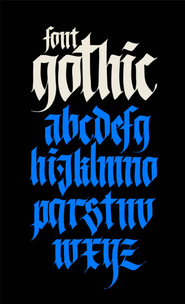 gotisches alphabet. moderne gotik. schwarze kalligraphische buchstaben auf gelbem hintergrund. alle buchstaben sind getrennt. mittelalterliche lateinische buchstaben. alter germanischer stil. gezeichnet mit marker. - you are here englischer satz stock-grafiken, -clipart, -cartoons und -symbole