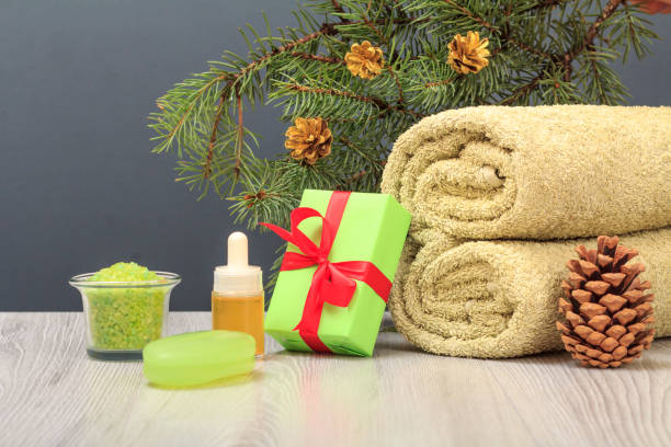 istock Spa composition with towel, aromatic oil, gift box, sea salt and soap 1281920250