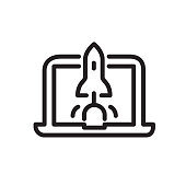 istock Rocket icon taking off from laptop. Metaphor and allegory of new projects in business. Outline style. Illustration for website or print. 1281920257