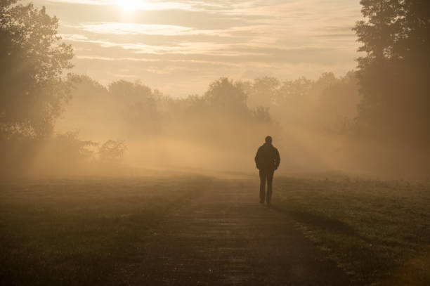Walking in the morning dew Brunssum, the Netherlands, - October 192, 2020. Man walking in the morning dew on a autumn day in October sunset dew stock pictures, royalty-free photos & images
