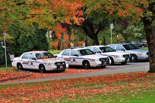 October 17, 2020, Burnaby, British Columbia, Canada; A Royal Canadian Mounted Police RCMP cruiser near the City Hall of Burnaby. The RCMP is Canada's federal and national police agency.