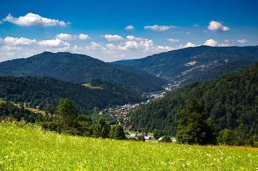 View of village Lomnica-Zdroj and Beskid Mountains in summer