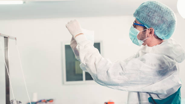 istock Face mask production line in modern factory 1281926641