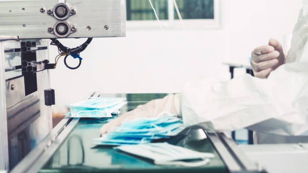 istock Face mask production line in modern factory 1281928039