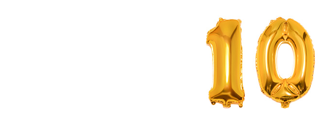 Golden number 10 ten made of inflatable balloon isolated on white background.Banner. Copy space for text
