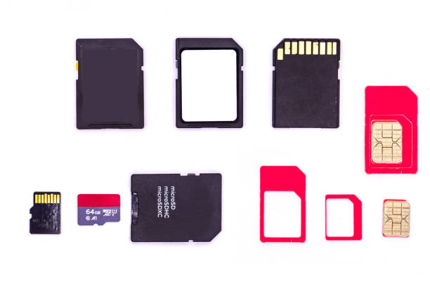 istock Memory and SIM cards - various sizes SD and SIM cards with card holder isolated on white background. SD and micro SD Cards. Micro, mini and nano SIM card 1281931996