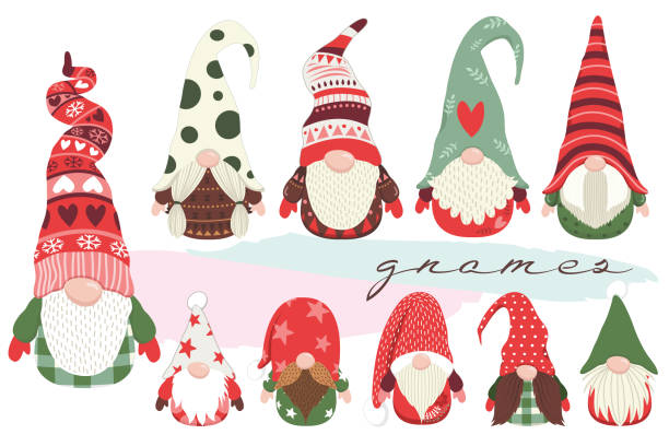 귀여운 작은 크리스마스 노움 컬렉션 세트 - santa claus white background christmas holidays and celebrations stock illustrations