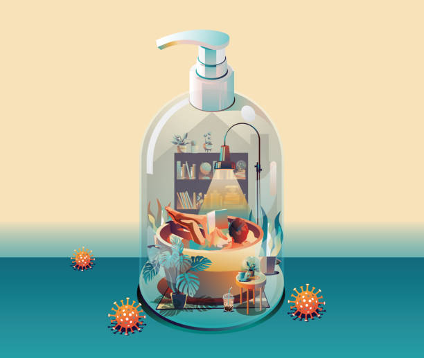 istock Staying at Home, Quarantine concept. Coronavirus, COVID-19, People working on a laptop in a house transform to gel alcohol bottle on green background with many viruses surrounded. Vector Flat Design 1281934837