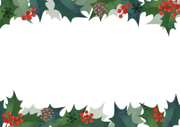 ilustrações de stock, clip art, desenhos animados e ícones de christmas frame. decorative frame of holly, up and down decoration. watercolor illustration. no logo (lateral length a3,a4 ratio) - christmas frame holly leaf