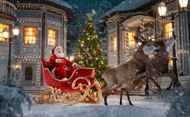 Happy Santa Claus in Christmas sleigh in a magical forest with candy canes. Happy Santa Claus in Christmas sleigh in a town. Unusual Christmas 3d illustration. Merry Christmas and a Happy new year concept chimney photos stock pictures, royalty-free photos & images