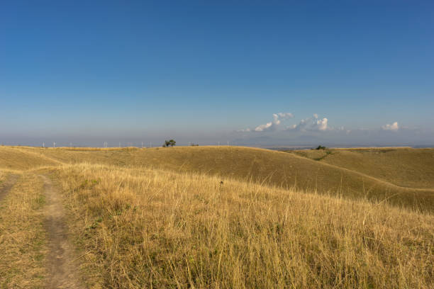 istock Blue sky with clouds and yellow hills 1281940090