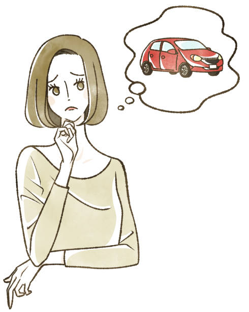 kobieta myśląca o samochodzie - driver displeased people frowning stock illustrations