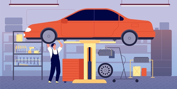 Nhà Để Xe Dịch Vụ Sửa Chữa Ô Tô Trạm Xưởng Với Thiết Bị Dụng Cụ Xe Bảo Dưỡng Cơ Khí Kiểm Tra Vận Tải Trong Minh Họa Vector Hình minh họa