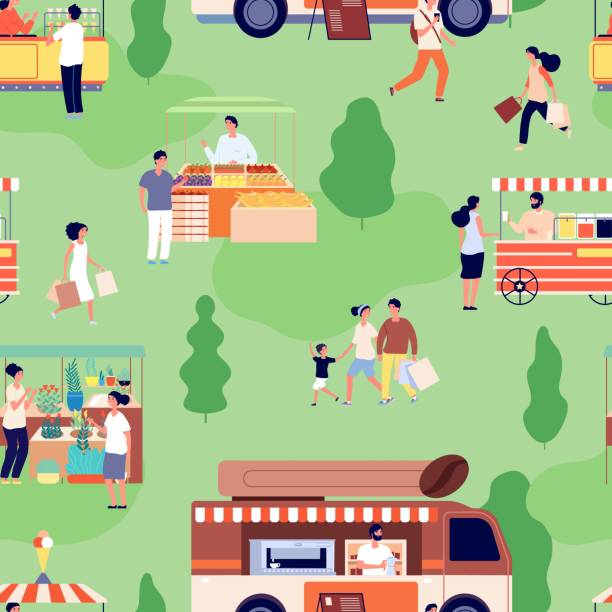 Food market pattern. People buy farm goods, counters with craft products. Summer fair, outdoor festive activity background. Street shop vector seamless pattern Food market pattern. People buy farm goods, counters with craft products. Summer outdoor festive activity background. Street shop vector seamless pattern. Outdoor sale park, illustration food street block party stock illustrations