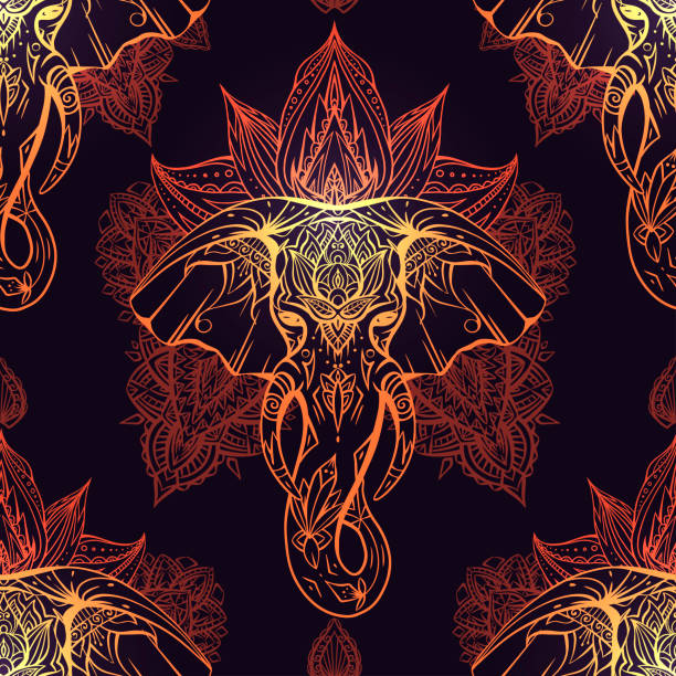Seamless gold pattern with ethnic elephant head with mehendi decoration and mandala on dark background. Spiritual Ganesha with tribal ornament. Vector texture Seamless gold pattern with ethnic elephant head with mehendi decoration and mandala on dark background. Spiritual Ganesha with tribal ornament. Vector texture for fabric, wallpaper and your creativity ganesha outline drawing stock illustrations