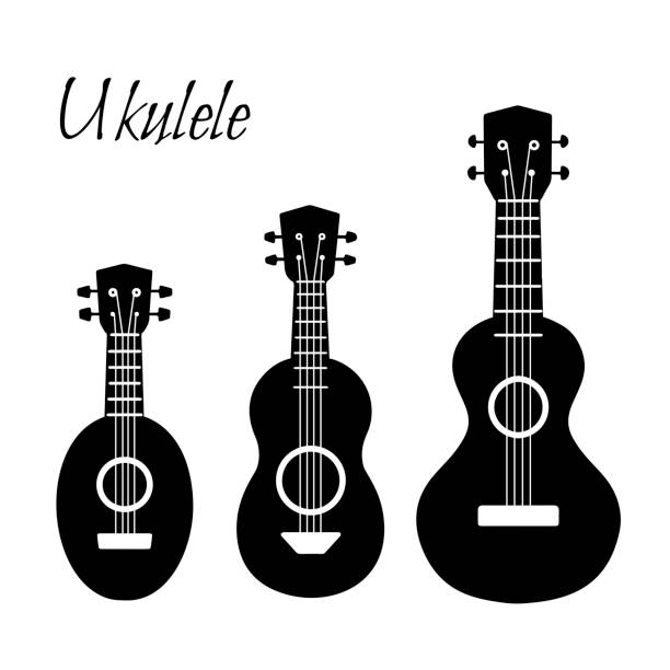 ●ブラックシンプルなシルエットウクレレのセット。ハワイアンミュージック。楽器楽器。ベクトル要素 - musical instrument string illustrations点のイラスト素材／クリップアート素材／マンガ素材／アイコン素材